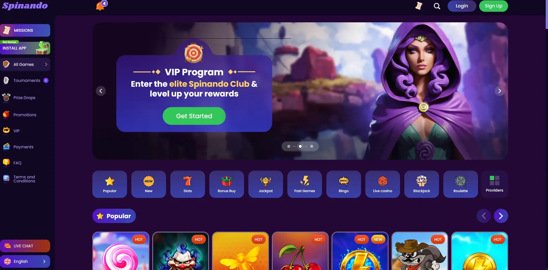 Startseite von Spinando Casino mit Spielübersicht
