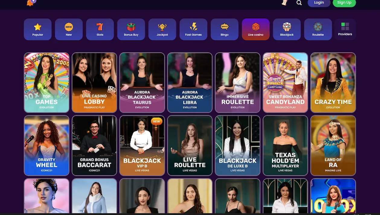 Live-Casino-Lobby von Spinando mit Live-Dealer-Tischen