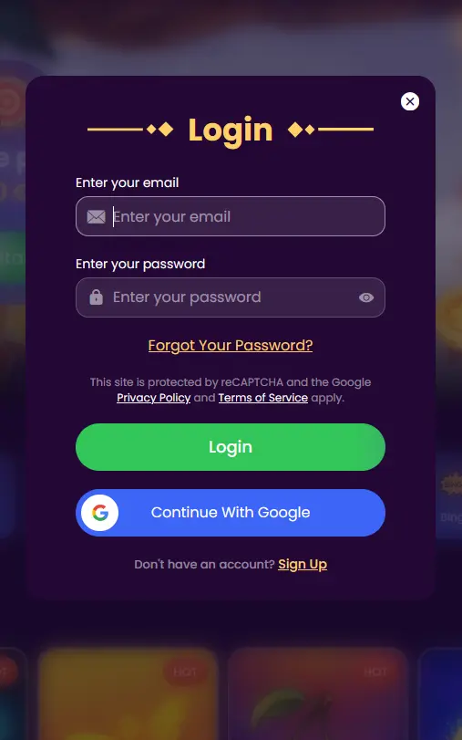 Login-Seite von Spinando Casino